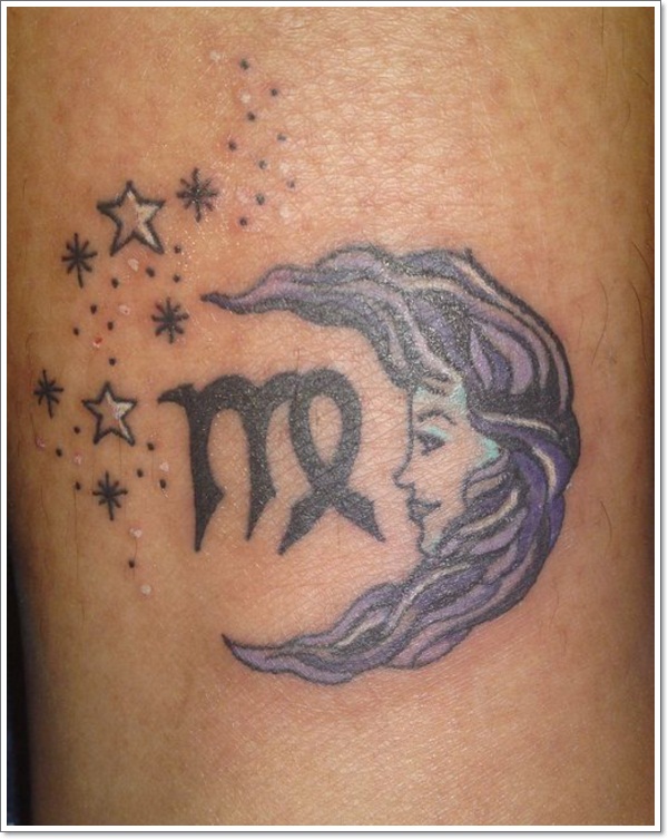 Attractive Virgo Zodiac Sign With Moon And Stars Tattoo Design