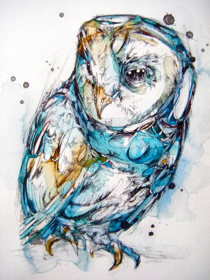 Attractive Watercolor Owl Tattoo Design