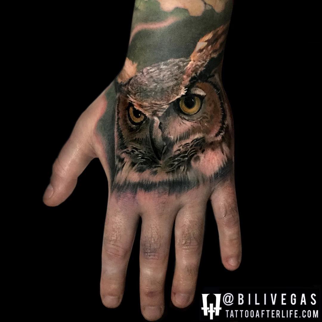 Awesome 3D Owl Head Tattoo On Left Hand By Bili Vegas