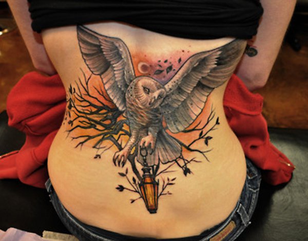 Awesome 3D Owl Tattoo On Lower Back