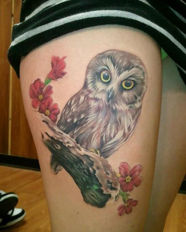 Awesome Baby Owl On Branch With Flowers Tattoo On Right Side Thigh