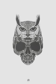 Awesome Black And Grey Owl With Skull Tattoo Design'