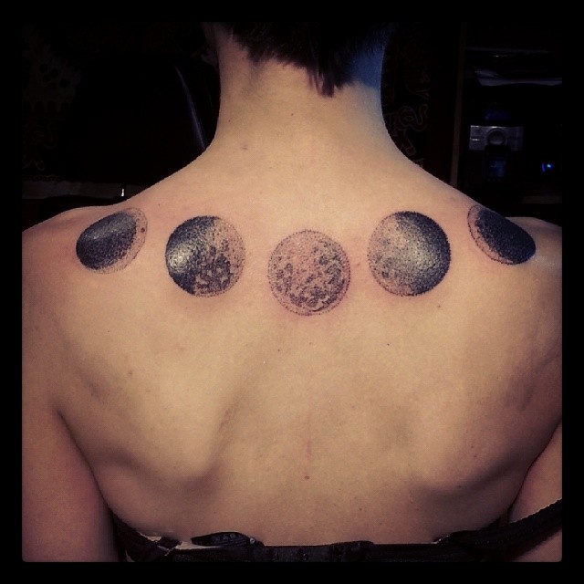 Awesome Black And Grey Phases Of The Moon Tattoo On Upper Back