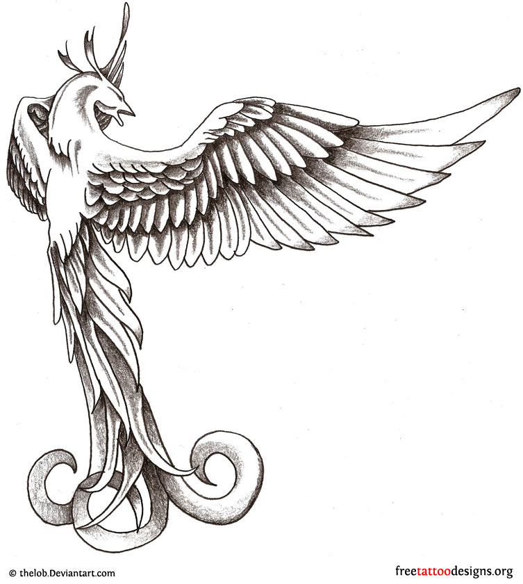 Awesome Black Ink Flying Phoenix Tattoo Design