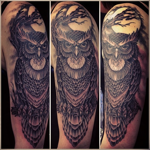 Awesome Black Ink Owl With Moon Tattoo On Left Half Sleeve By Mark Lonsdale