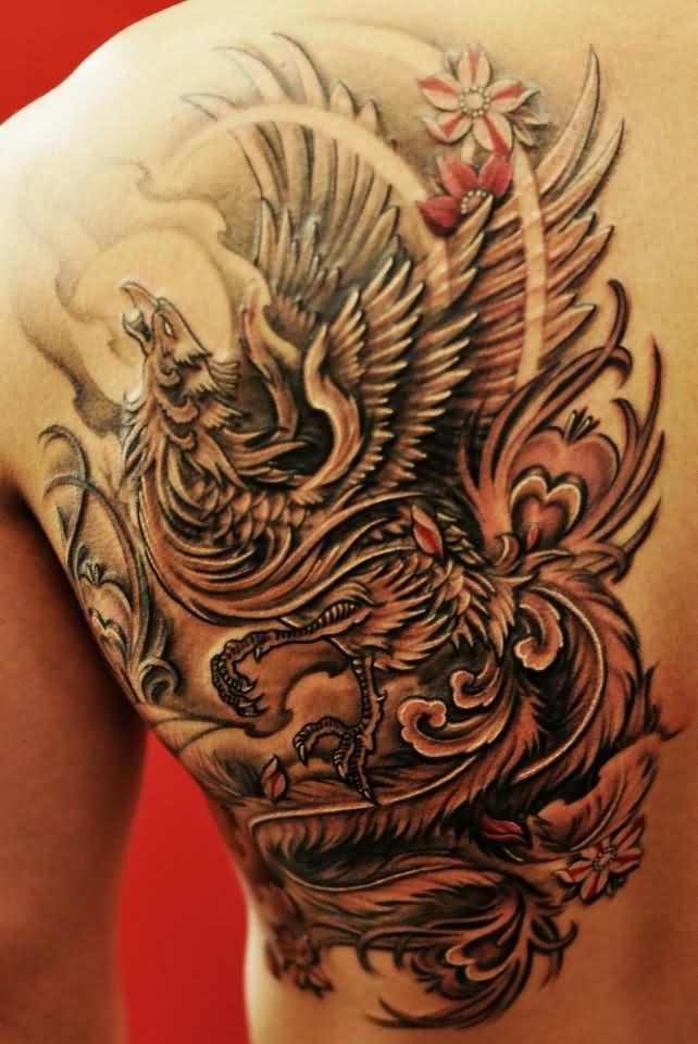 Awesome Black Ink Phoenix Tattoo On Left Back Shoulder