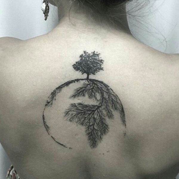 Awesome Black Ink Tree Of Life Tattoo On Girl Upper Back