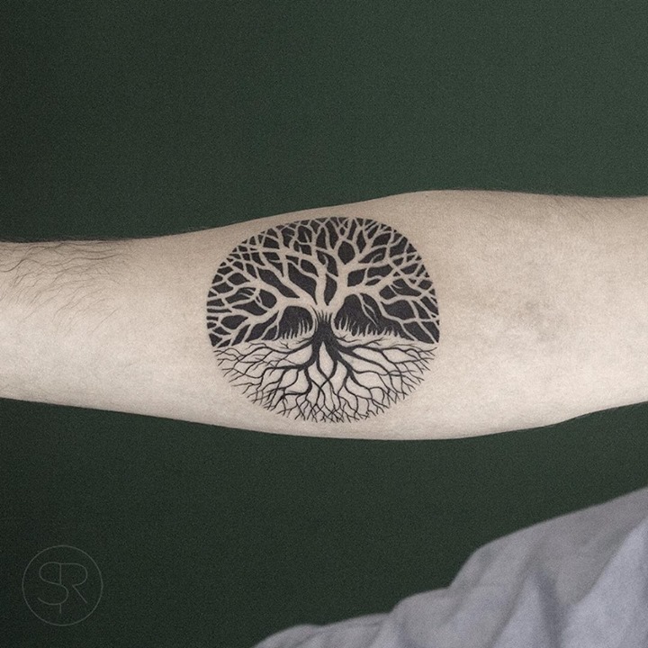 Awesome Black Ink Tree Of Life Tattoo On Right Forearm