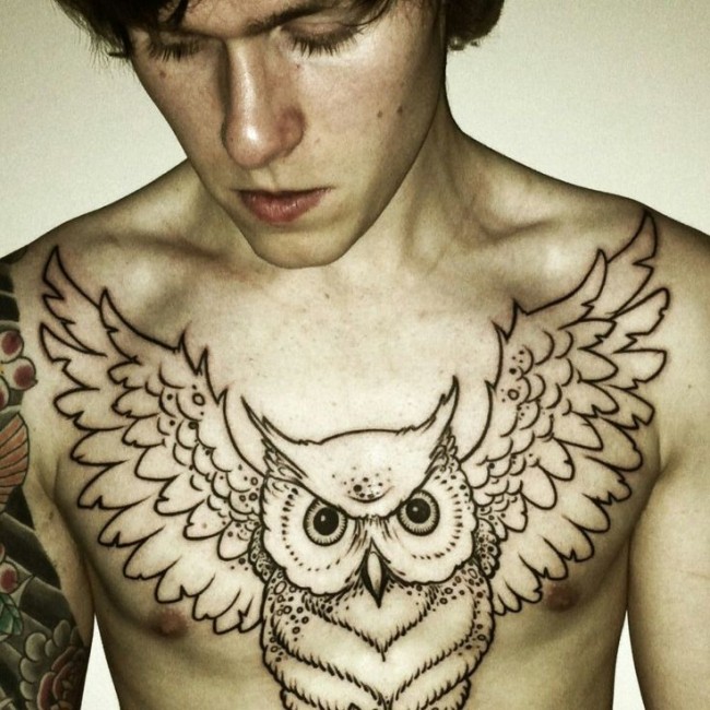 Awesome Black Outline Owl Tattoo On Man Chest