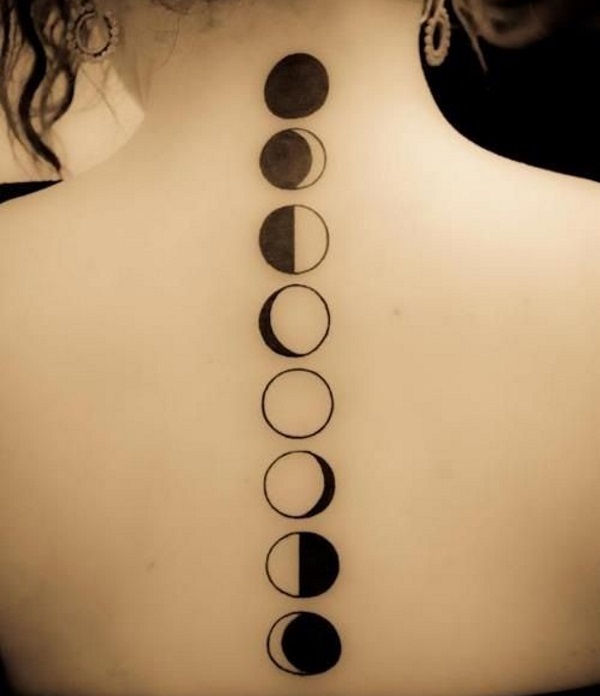 Awesome Black Phases Of The Moon Tattoo On Girl Spine