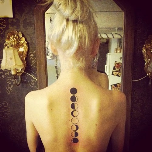Awesome Black Phases Of The Moon Tattoo On Girl Upper Back