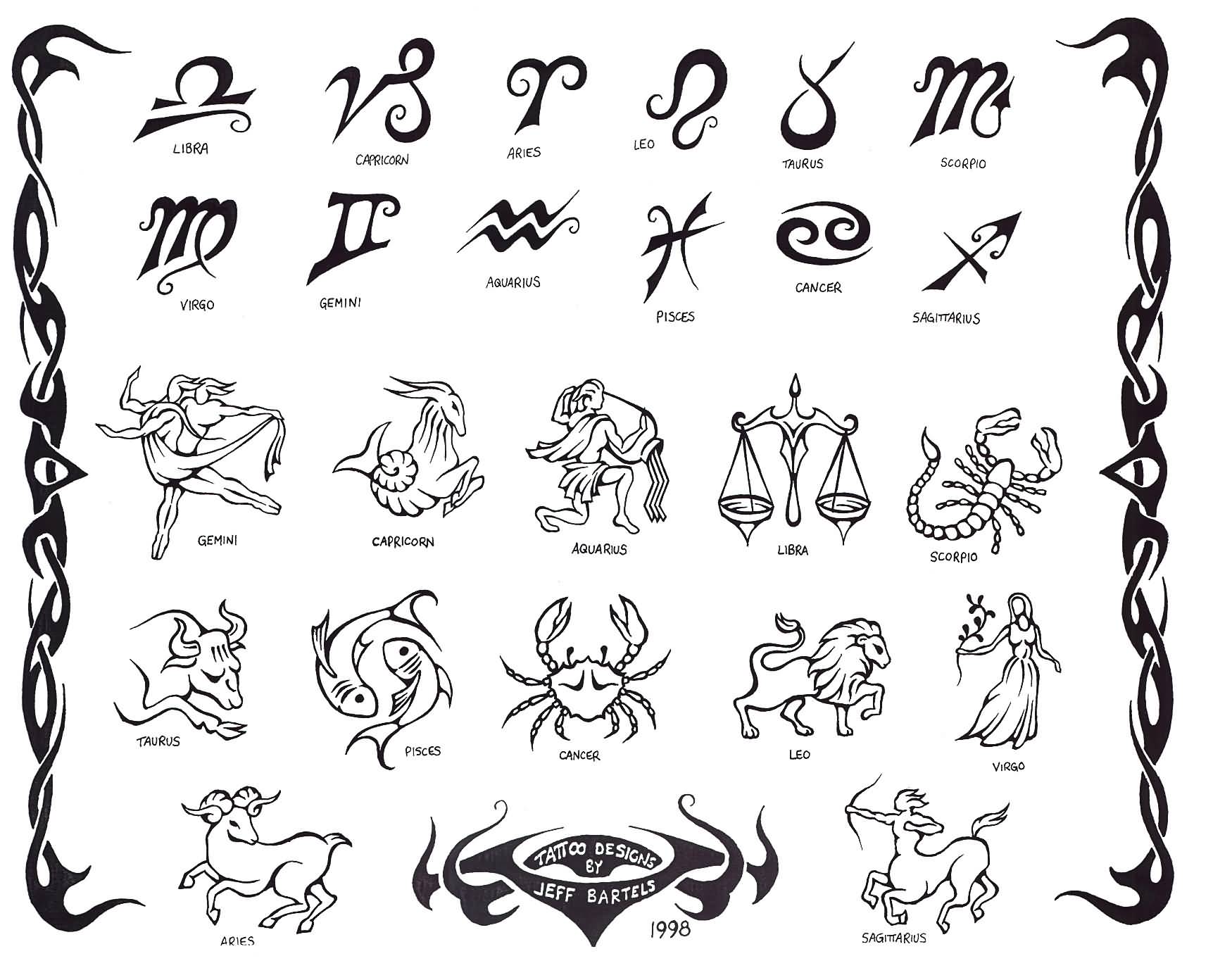 Awesome Black Zodiac Sign And Symbol Tattoo Flash By Jeff Bartels