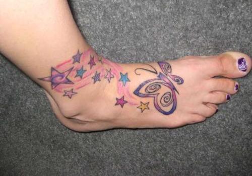 Awesome Butterfly And Colored Stars Foot Tattoo