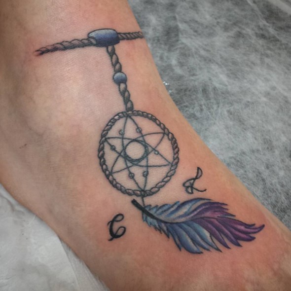 Awesome Color Ink Dreamcatcher Ankle Tattoo