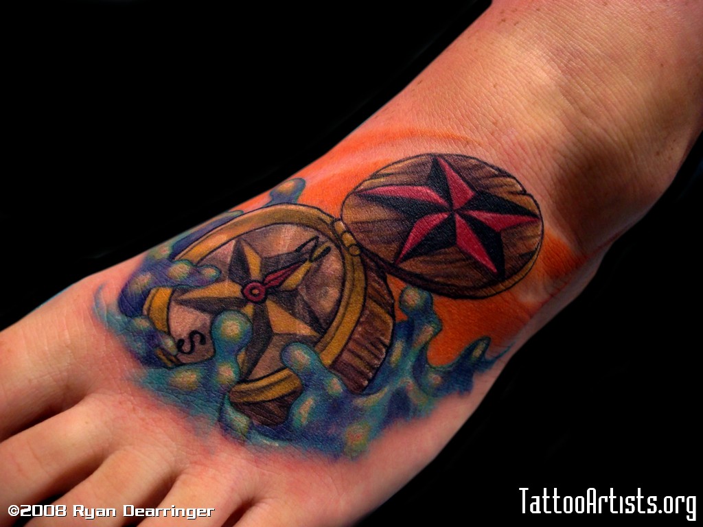 Awesome Colored Nautical Foot Tattoo
