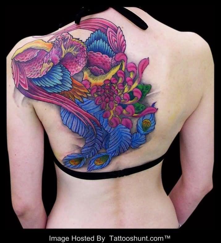 Awesome Colorful 3D Phoenix Tattoo On Girl Upper Back