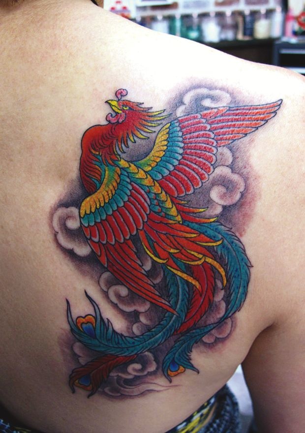 Awesome Colorful Flying Phoenix Bird Tattoo On Right Back Shoulder