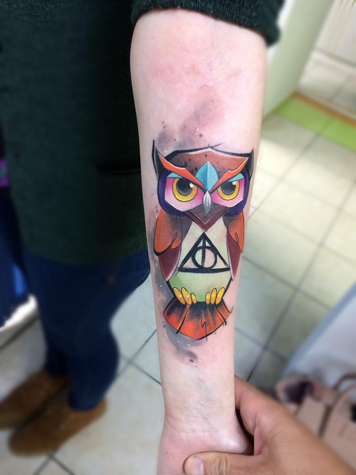 Awesome Colorful Geometric Owl Tattoo On Right Forearm