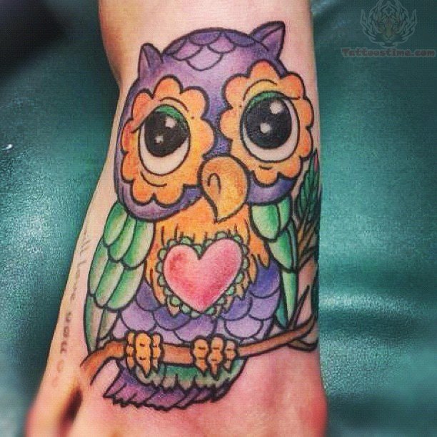 Awesome Colorful Owl Tattoo On Right Foot