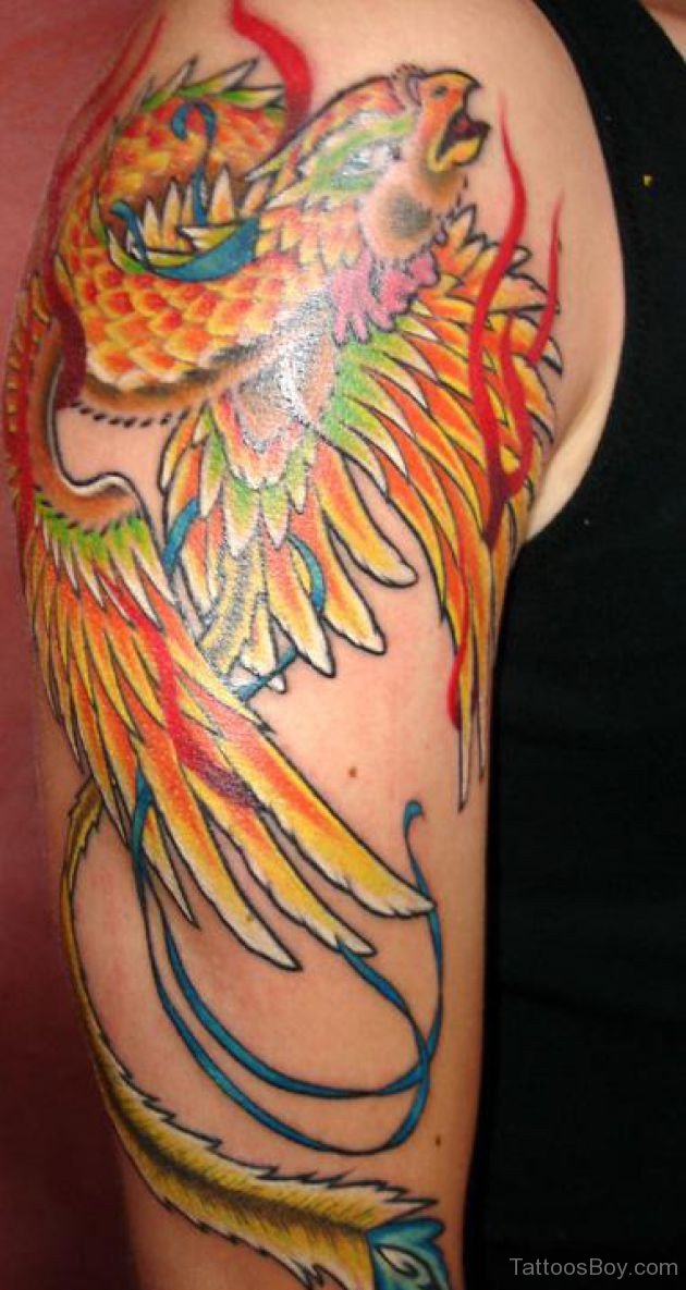Awesome Colorful Phoenix Tattoo On Right Half Sleeve