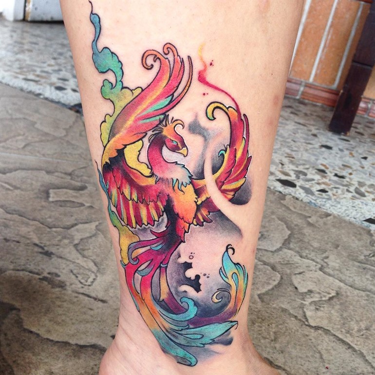 Awesome Colorful Phoenix Tattoo On Right Leg