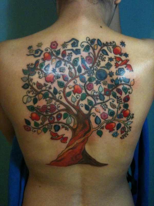 Awesome Colorful Tree Of Life Tattoo On Upper Back