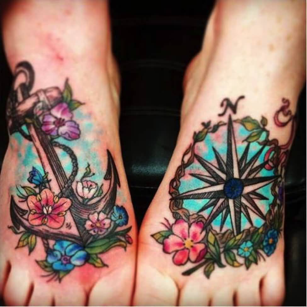 Awesome Compass And Anchor Tattoos On Feet