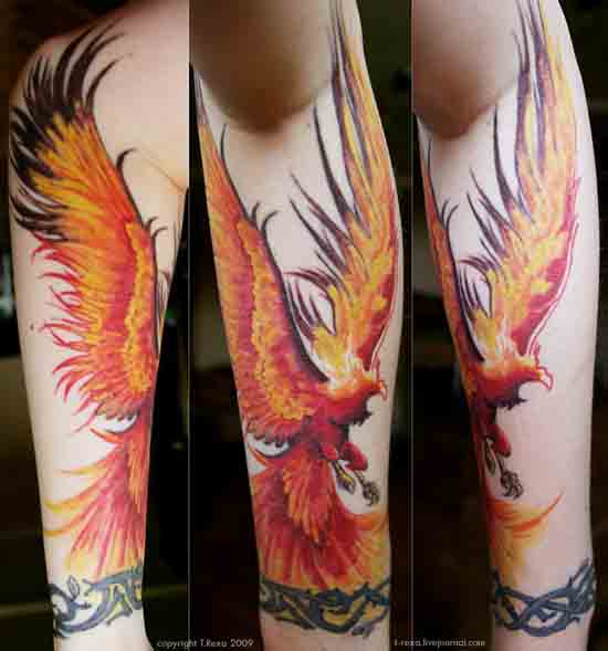 Awesome Flaming Phoenix Tattoo On Left Forearm By Olga