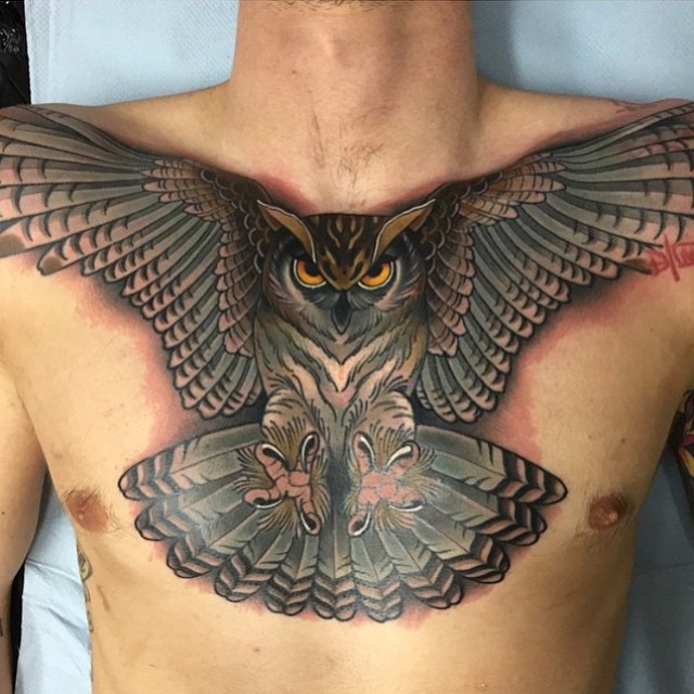 Awesome Flying Owl Tattoo On Man Chest Anthony Cole