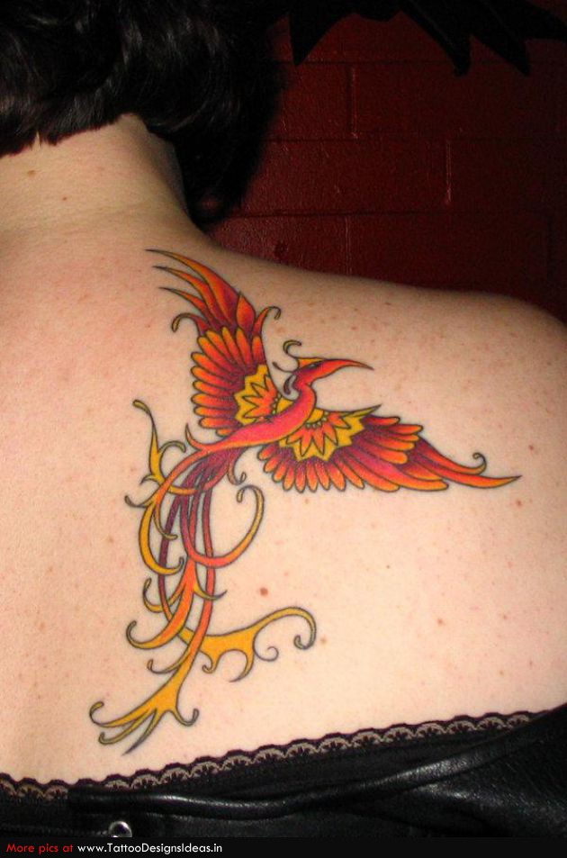 Awesome Flying Phoenix Bird Tattoo On Right Back Shoulder