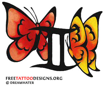 Awesome Gemini Zodiac Sign With Butterflies Tattoo Design