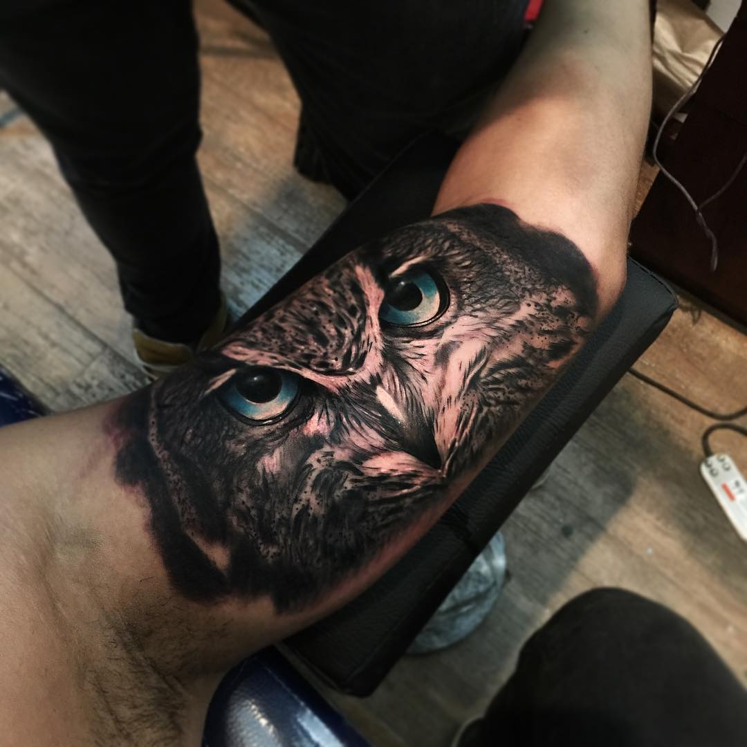 Awesome Owl Face Tattoo On Left Bicep