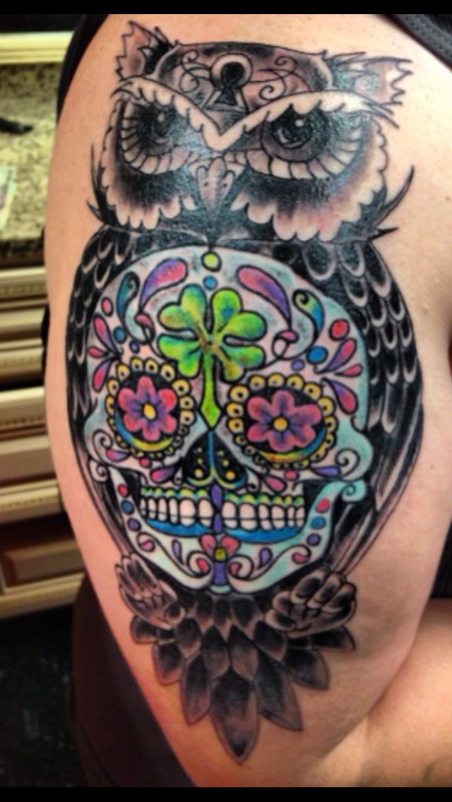 Awesome Owl With Sugar Skull Tattoo On Right Half Sleeve