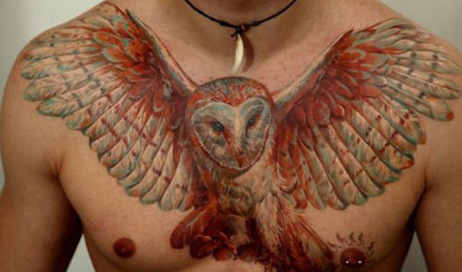 Awesome Realistic Flying Owl Tattoo On Man Chest