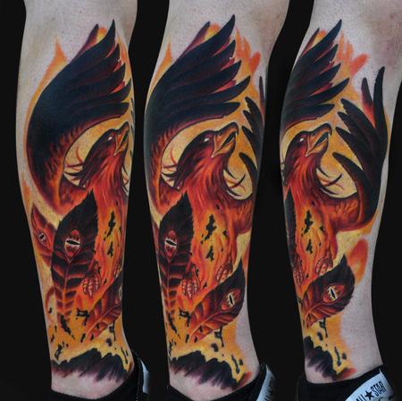 Awesome Rising Phoenix From The Ashes Tattoo Design For Leg