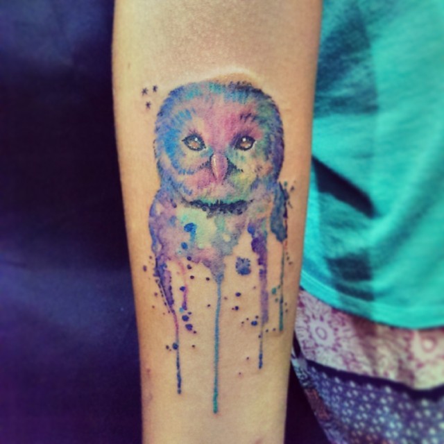 Awesome Watercolor Owl Tattoo On Forearm