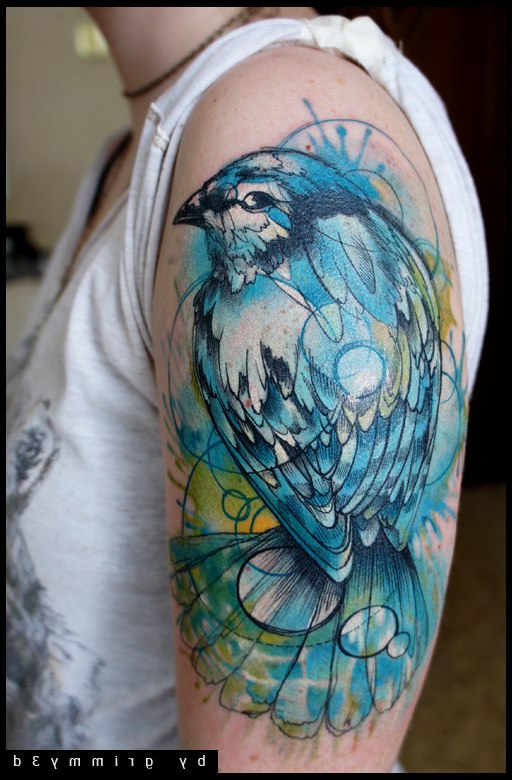 Awesome Watercolor Owl Tattoo On Girl Left Half Sleeve