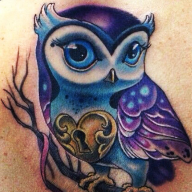Beautiful Colorful Owlet Lock Tattoo Design