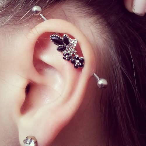 Beautiful Industrial Piercing With Flowers Barbell