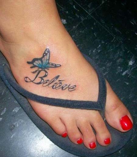 Believe Butterfly Right Foot Tattoo For Girls
