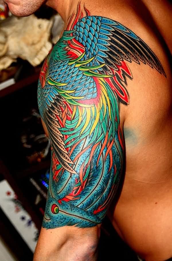 Best Colorful Phoenix Tattoo On Man Left Half Sleeve