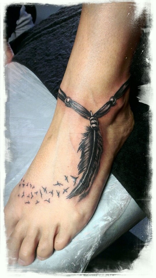 Birds Flying From Feather Indian Feather Ankle Tattoo