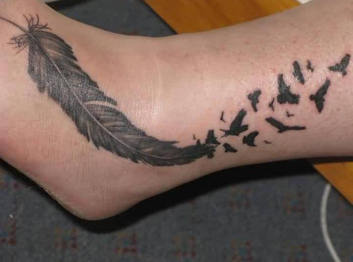 Birds Flying From Feather Ankle Tattoo