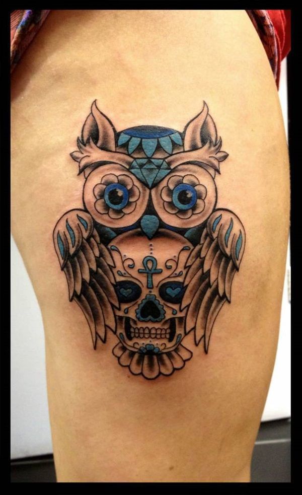 Black And Blue Owl With Sugar Skull Tattoo On Side Thigh