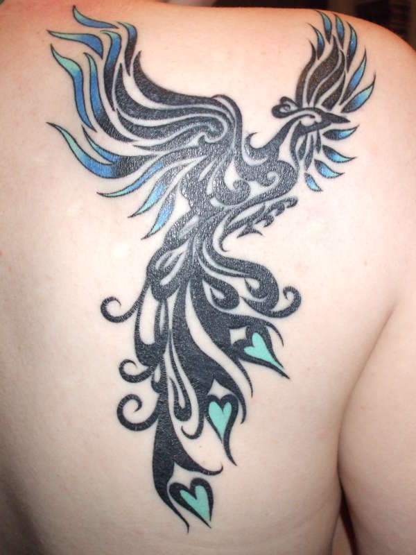 Black And Blue Tribal Phoenix Tattoo On Right Back Shoulder