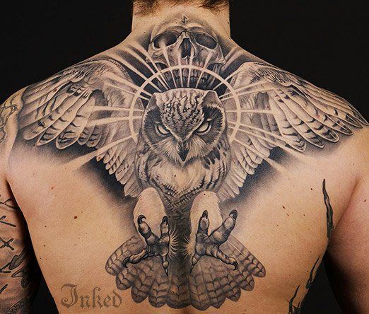 Black And Grey 3D Flying Owl Bird With Skull Tattoo On Man Upper Back