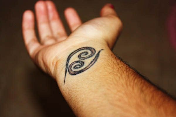 Black And Grey Cancer Zodiac Sign Tattoo On Right Wrist