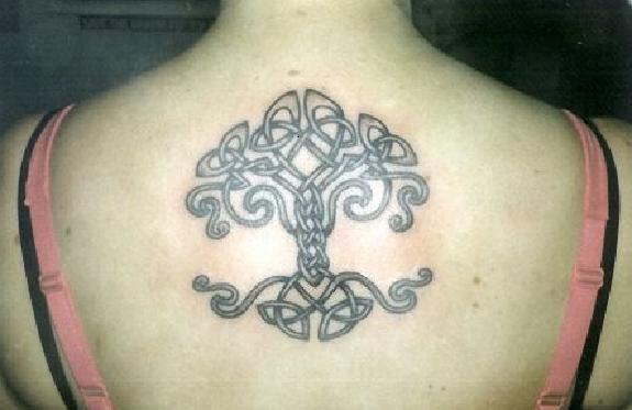 Black And Grey Celtic Tree Of Life Tattoo On Upper Back