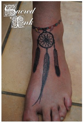 Black And Grey Dreamcatcher Ankle Tattoo