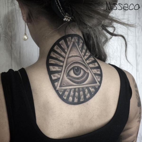 Black And Grey Eye In Triangle Tattoo On Girl Back Neck